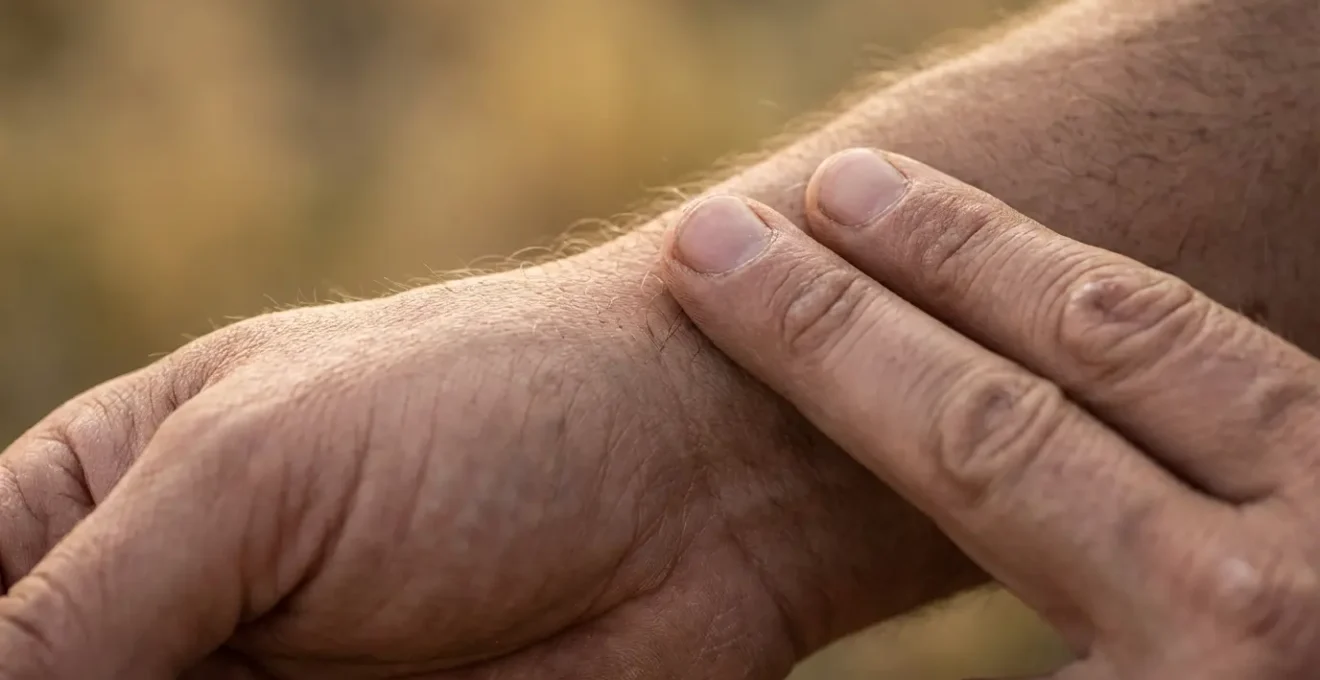 Gros plan sur une main posant délicatement ses doigts sur un poignet pour signifier un arrêt, une illustration de la pose de limites dans l'intimité.