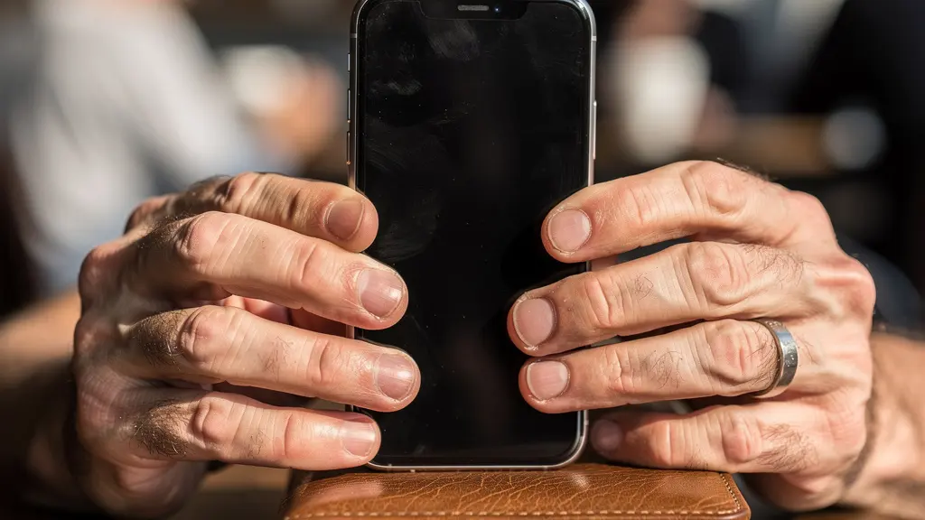 Gros plan sur des mains tenant un smartphone éteint posé sur un agenda papier fermé