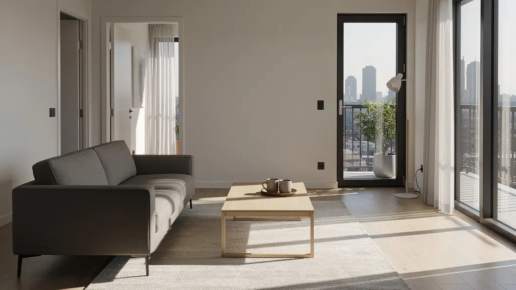 Vue grand angle d'un salon moderne avec mise en évidence subtile des sorties et zones de sécurité