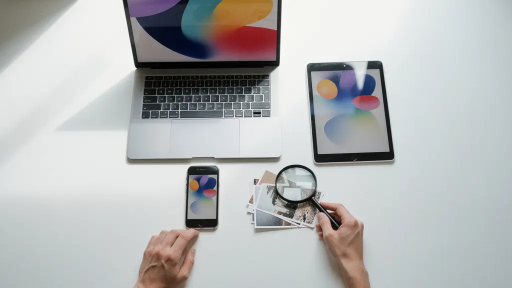 Vue en plongée de mains utilisant plusieurs appareils pour vérifier l'authenticité d'une photo
