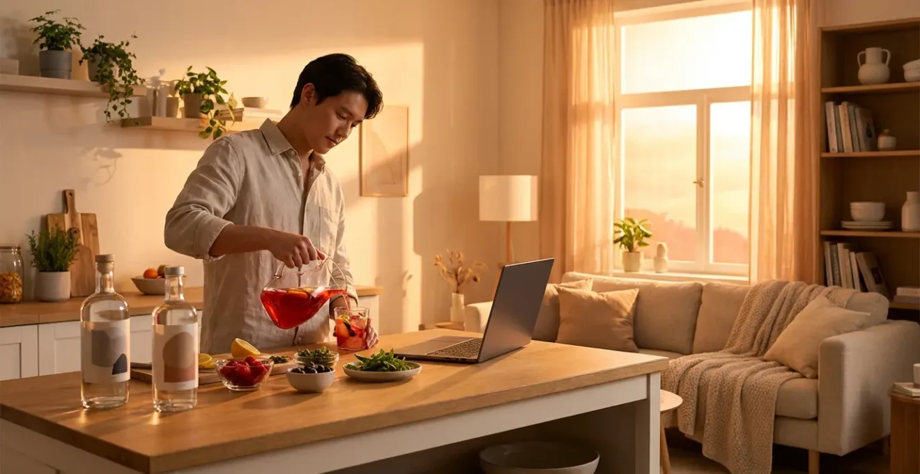 Vue large d'un espace de vie avec une personne préparant un cocktail devant son ordinateur