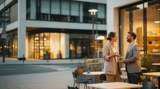Deux personnes dans un cadre urbain élégant, échangeant dans un contexte respectueux avec langage corporel ouvert et souriant