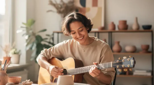 Personne épanouie pratiquant une activité créative dans un espace lumineux et inspirant