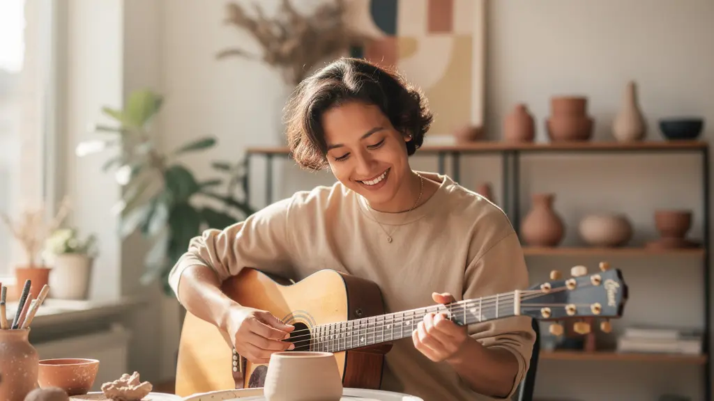 Personne épanouie pratiquant une activité créative dans un espace lumineux et inspirant