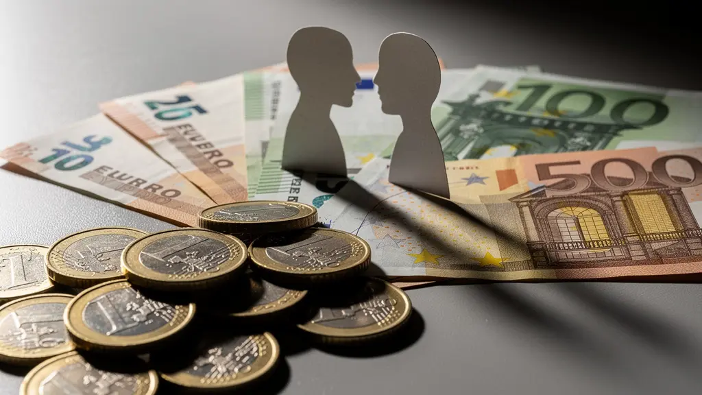 Détail macro de pièces et billets euros avec ombres de silhouettes humaines