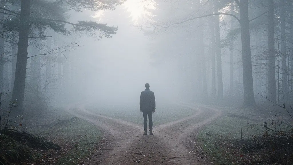 Personne seule à un carrefour de chemins forestiers dans le brouillard matinal