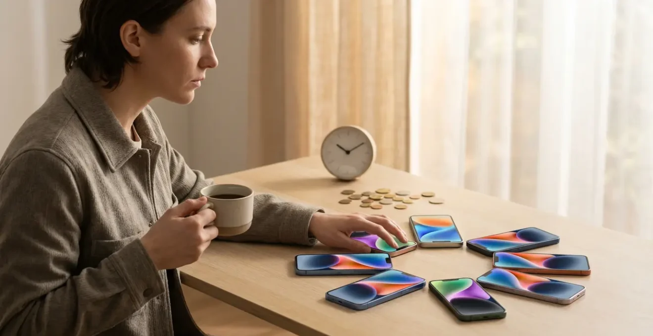 Personne réfléchissant devant plusieurs smartphones affichant différentes interfaces de rencontre