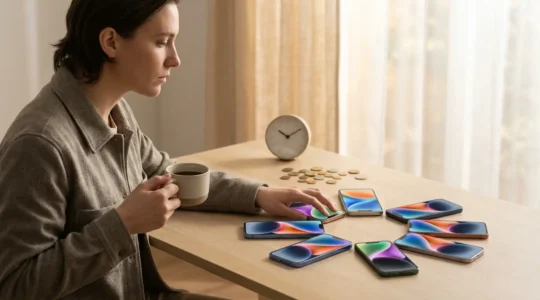 Personne réfléchissant devant plusieurs smartphones affichant différentes interfaces de rencontre