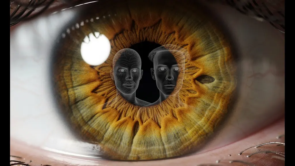 Vue macro d'un iris humain avec reflet de visages multiples dans la pupille