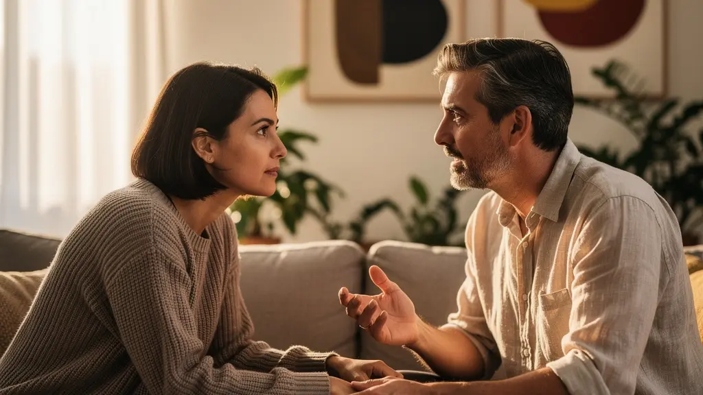 Couple partageant un moment de connexion émotionnelle profonde dans une atmosphère intime et chaleureuse