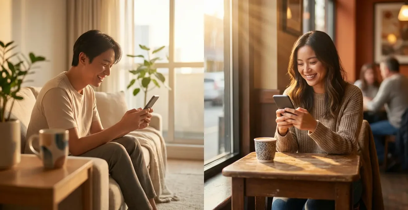 Deux personnes échangeant des messages captivants sur leurs smartphones dans une ambiance intime