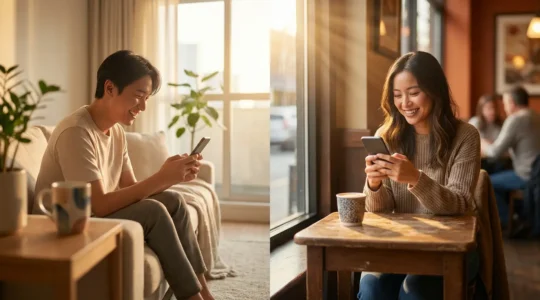 Deux personnes échangeant des messages captivants sur leurs smartphones dans une ambiance intime