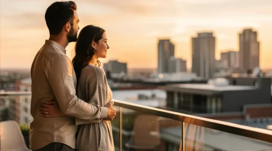 Couple tendrement enlacé regardant vers l'horizon, symbolisant leur évolution vers une relation durable