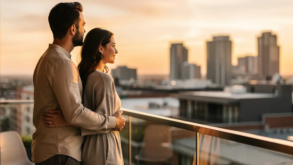 Couple tendrement enlacé regardant vers l'horizon, symbolisant leur évolution vers une relation durable