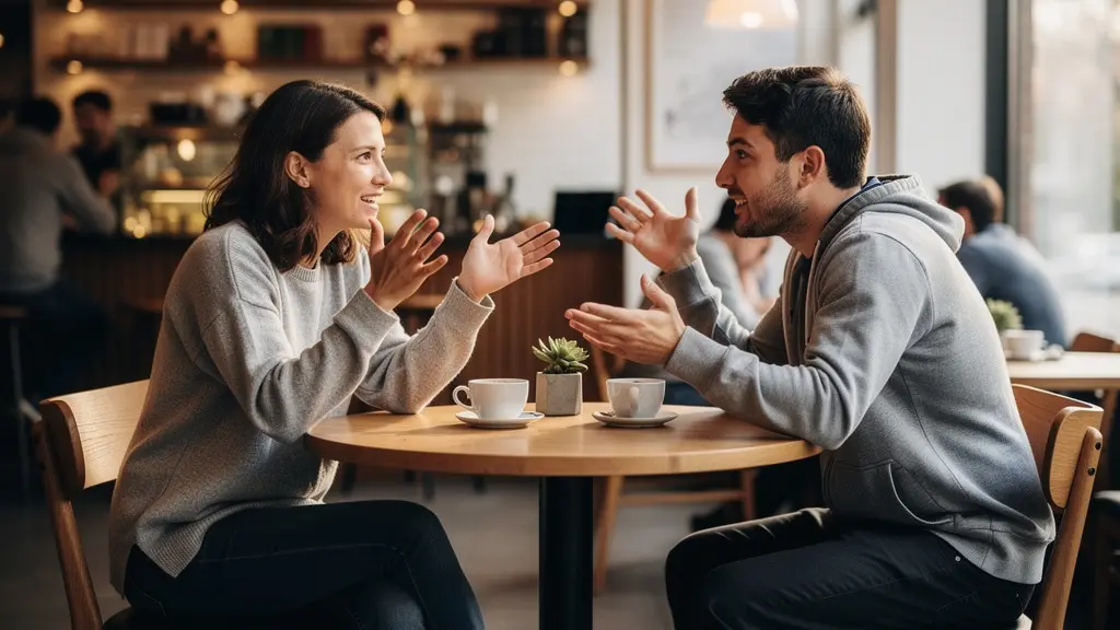 Deux personnes en conversation animée dans un café, gestes naturels et sourires