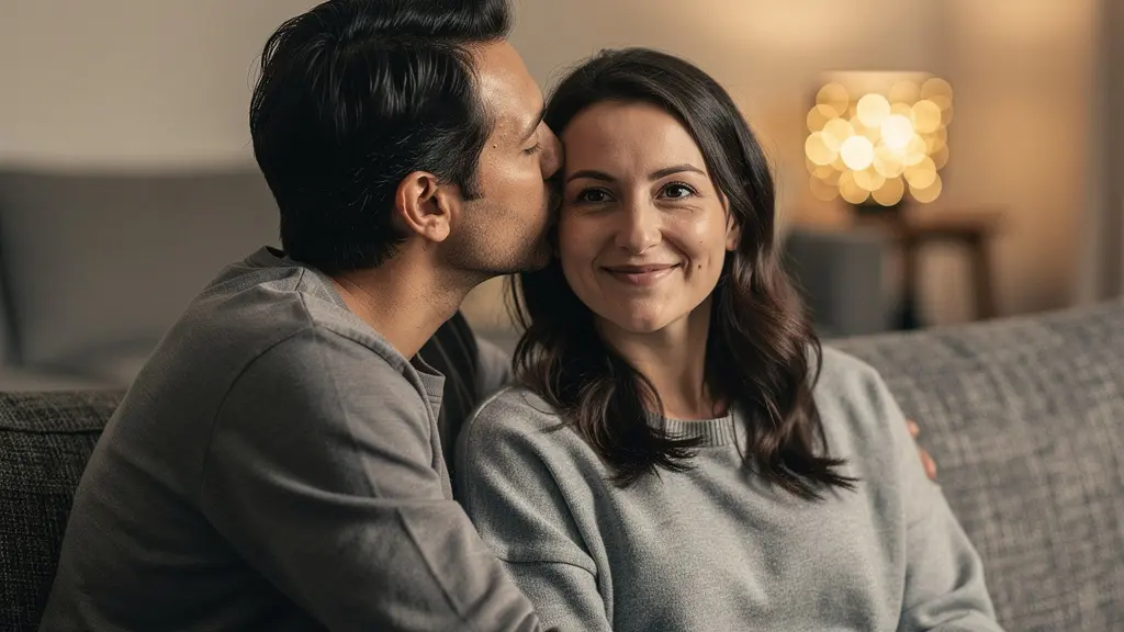 Couple en conversation intime sur un canapé lors d'une soirée douillette