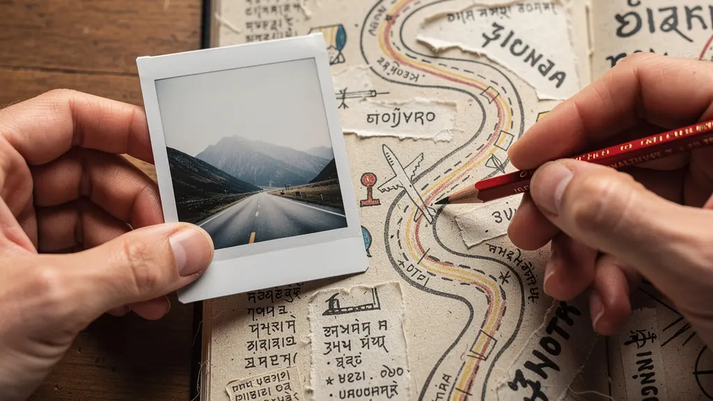 Mains créant ensemble un carnet de voyage avec photos et notes pour un futur partagé