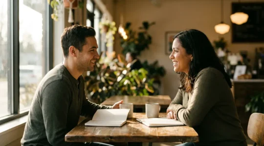 Couple discutant de leurs critères relationnels dans un environnement chaleureux