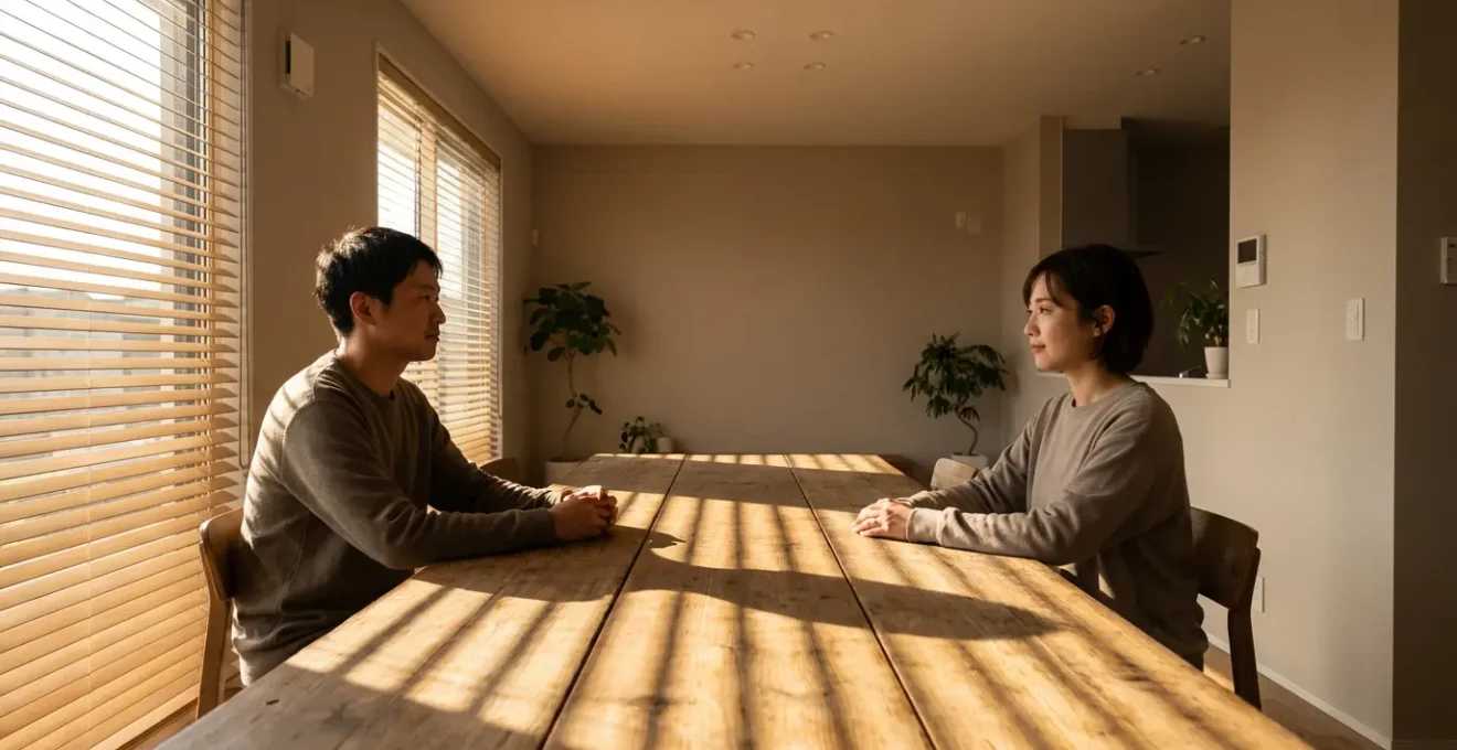 Couple en discussion calme autour d'une table, langage corporel ouvert