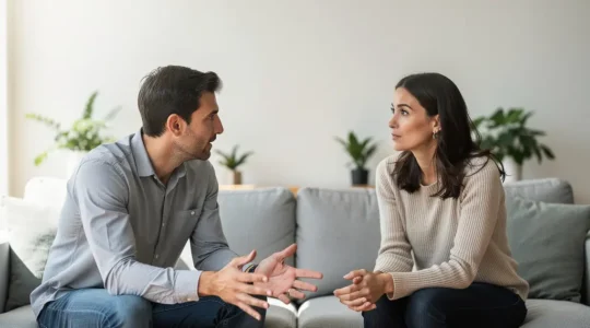 Couple en conversation calme et bienveillante dans un salon lumineux