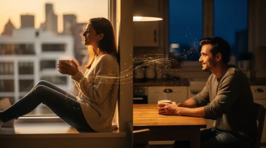 Couple connecté émotionnellement malgré la distance, partageant un moment intime à travers des écrans