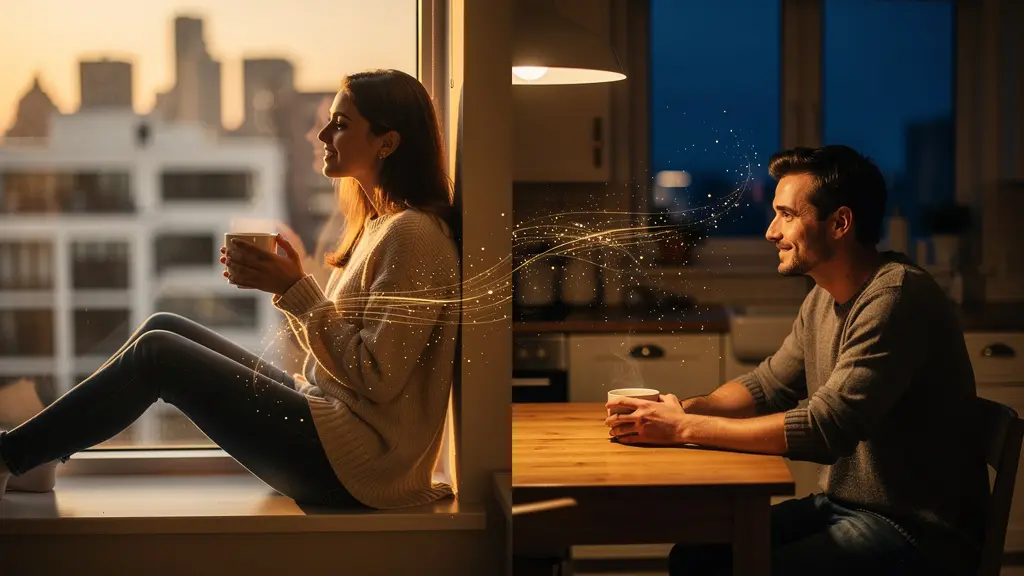 Couple connecté émotionnellement malgré la distance, partageant un moment intime à travers des écrans