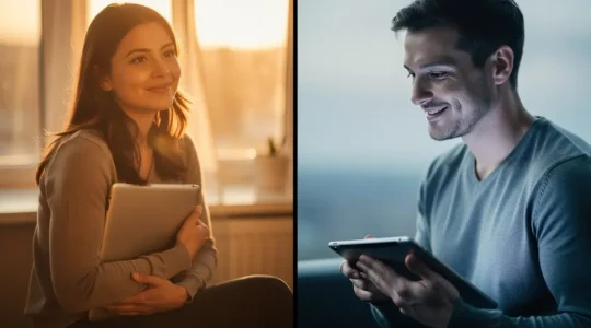 Couple partageant un moment d'intimité à travers un écran d'ordinateur dans des environnements différents