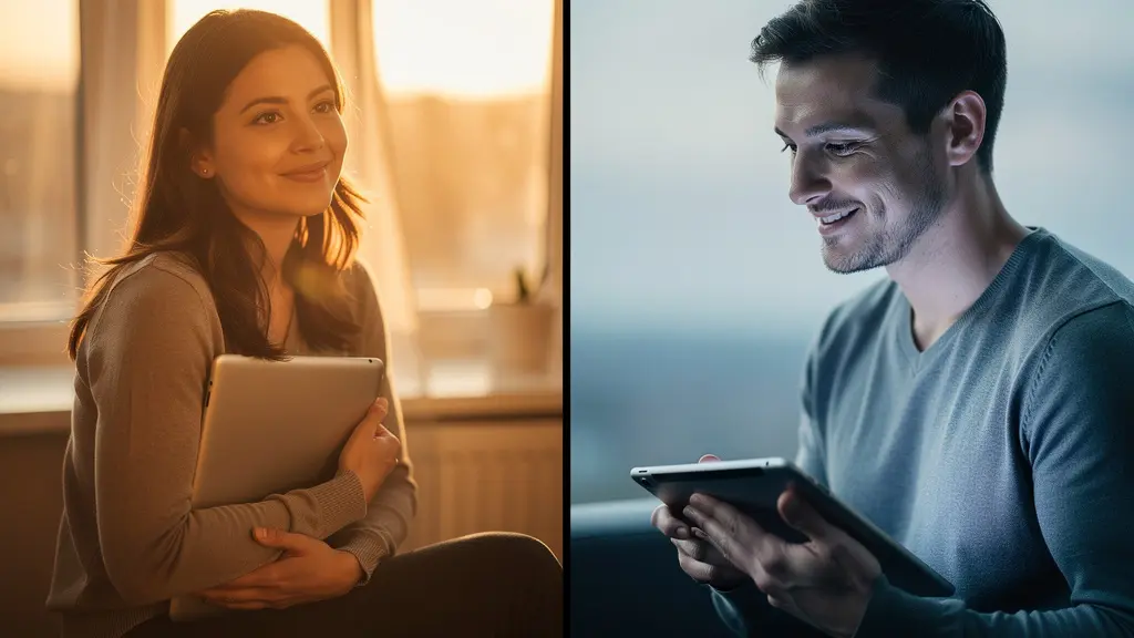 Couple partageant un moment d'intimité à travers un écran d'ordinateur dans des environnements différents