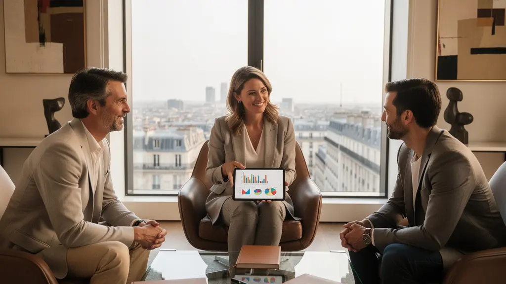 Couple élégant dans un bureau de matchmaker, consultation personnalisée