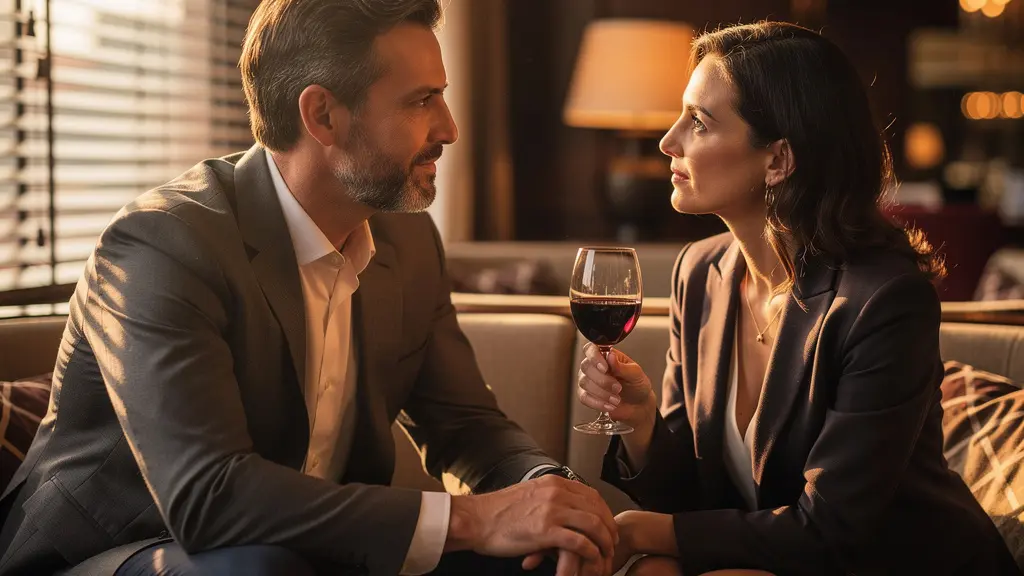 Couple échangeant un regard complice dans un environnement élégant et tamisé symbolisant la confiance et la communication
