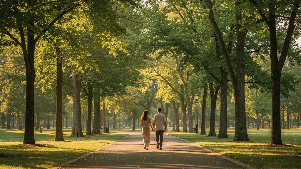 Couple marchant côte à côte dans un parc verdoyant, illustrant une discussion apaisée dans un cadre neutre.