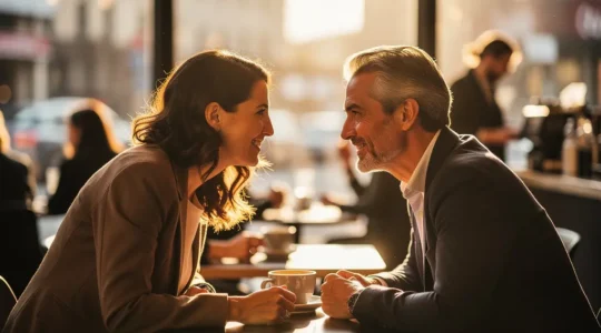 Couple mature échangeant un regard complice et séducteur dans un environnement urbain chaleureux