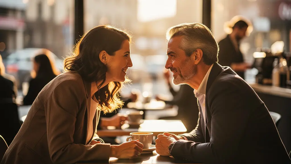 Couple mature échangeant un regard complice et séducteur dans un environnement urbain chaleureux