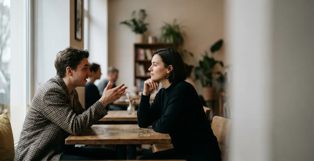 Couple aux personnalités opposées se regardant avec complicité dans un environnement urbain