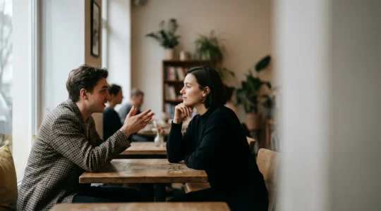 Couple aux personnalités opposées se regardant avec complicité dans un environnement urbain