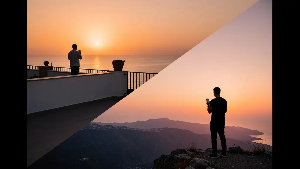 Deux personnes dans des lieux différents observant le coucher de soleil tout en étant connectées