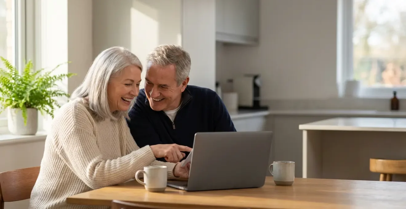 Couple de seniors souriant partageant un moment complice devant une tablette autour d'un café