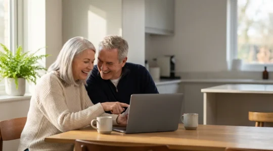 Couple de seniors souriant partageant un moment complice devant une tablette autour d'un café
