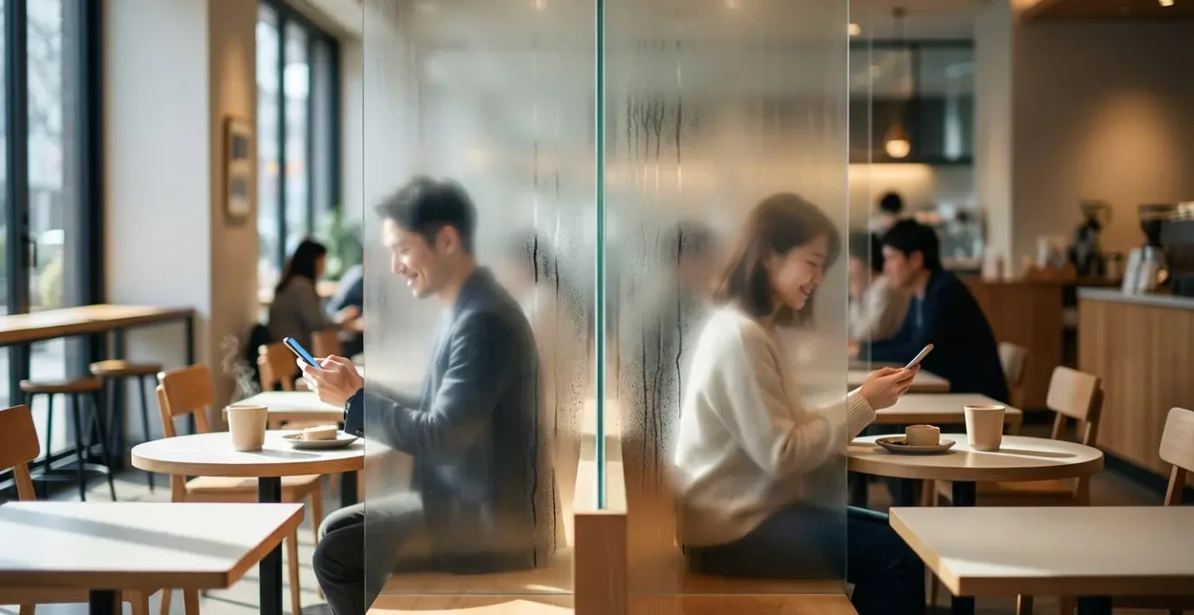 Deux silhouettes assises face à face dans un café, séparées par une vitre floue symbolisant la distance virtuelle