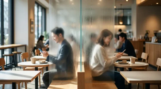 Deux silhouettes assises face à face dans un café, séparées par une vitre floue symbolisant la distance virtuelle