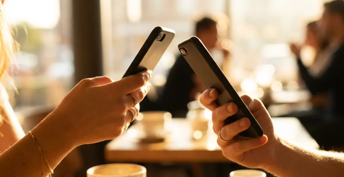 Couple consultant des profils de rencontre sur smartphone avec effet bokeh