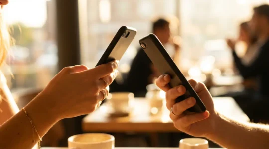 Couple consultant des profils de rencontre sur smartphone avec effet bokeh