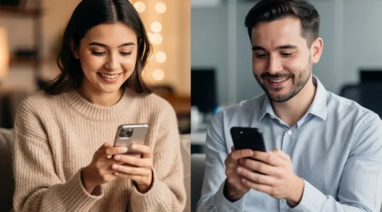 Couple complice échangeant des messages sur smartphone dans une ambiance intime