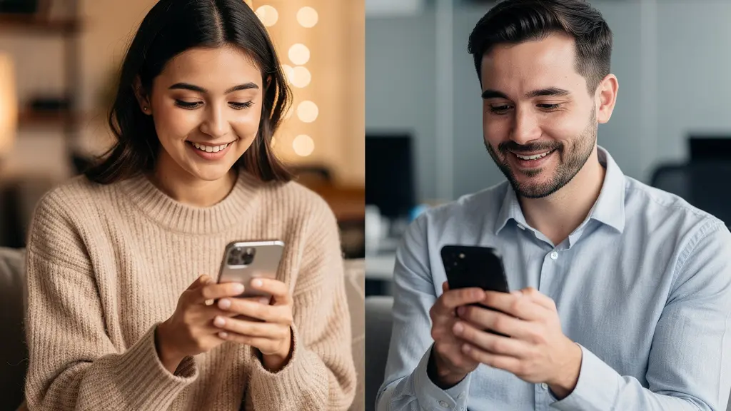 Couple complice échangeant des messages sur smartphone dans une ambiance intime
