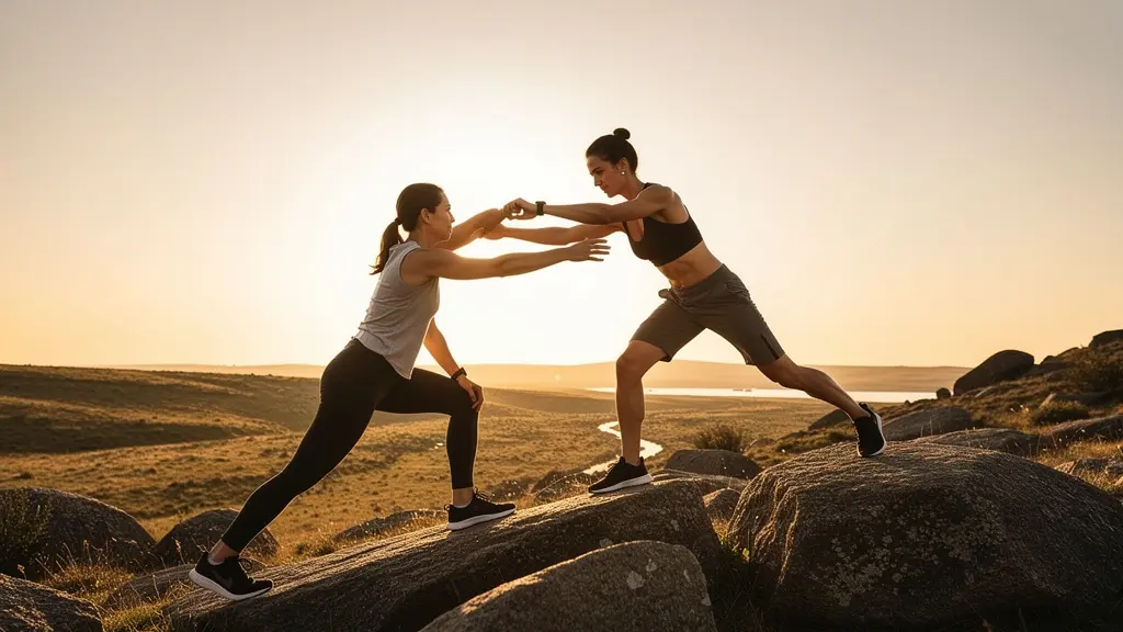Couple s'entraidant pendant une séance de sport en extérieur avec complicité