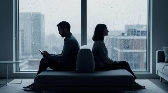 Couple assis dos à dos dans une pièce sombre, tension palpable dans l'atmosphère