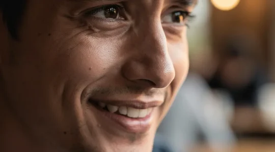 Gros plan sur le visage d'une personne lors d'un rendez-vous montrant une expression complexe mêlant sourire et inquiétude