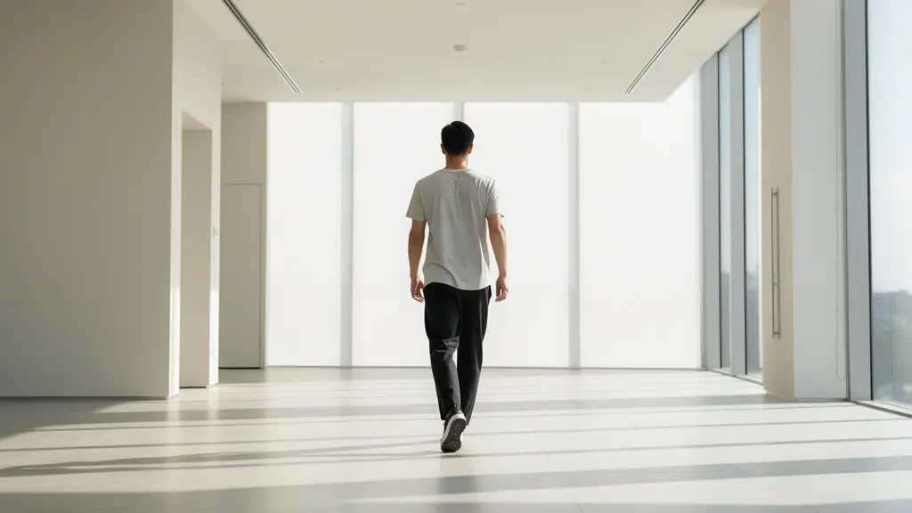 Personne marchant avec assurance dans un espace lumineux, posture droite et démarche fluide