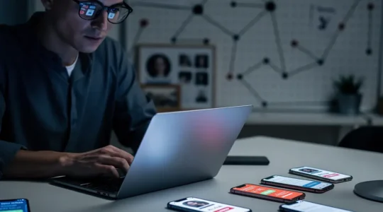 Personne analysant avec attention un écran d'ordinateur portable montrant des profils de réseaux sociaux flous