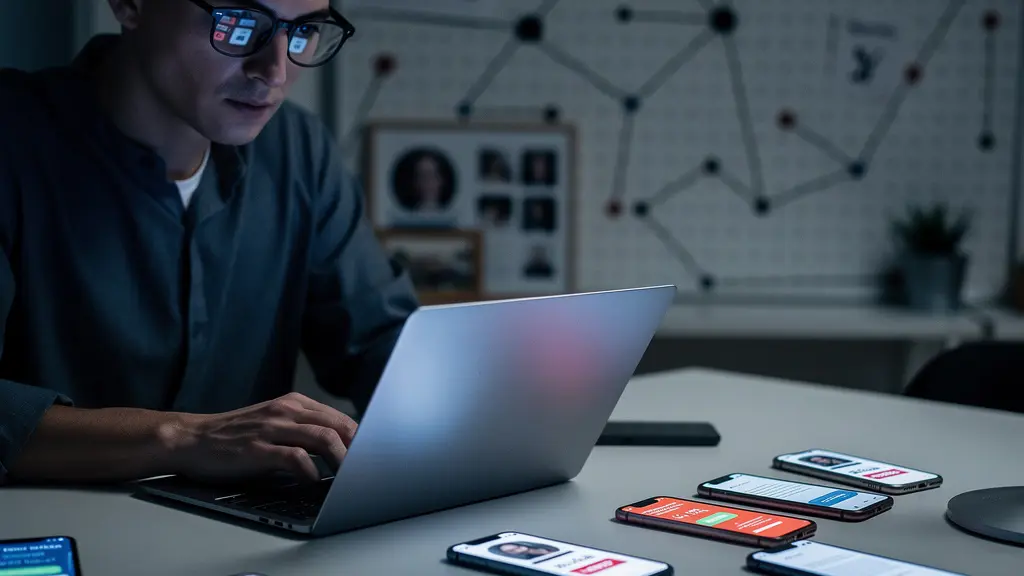 Personne analysant avec attention un écran d'ordinateur portable montrant des profils de réseaux sociaux flous